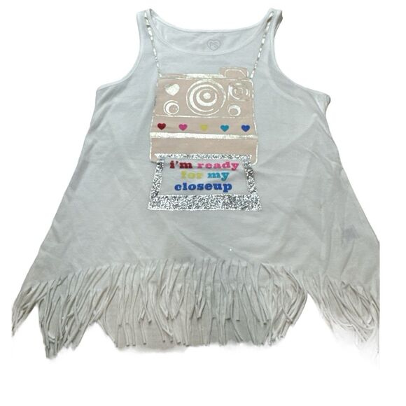 PS Aeropostale Girls 12 White Retro Camera  Glitter Fringed Tank - Picture 1 of 5